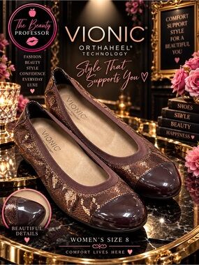 💕Vionic Size 8 Metallic Bronze Orthaheel Patent Cap Toe Ballet Flats